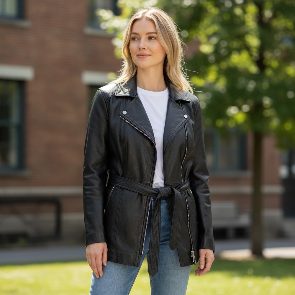 Outbrook Vintage Black Leather Belted 90s Mod Jacket Coat Minimalist Small